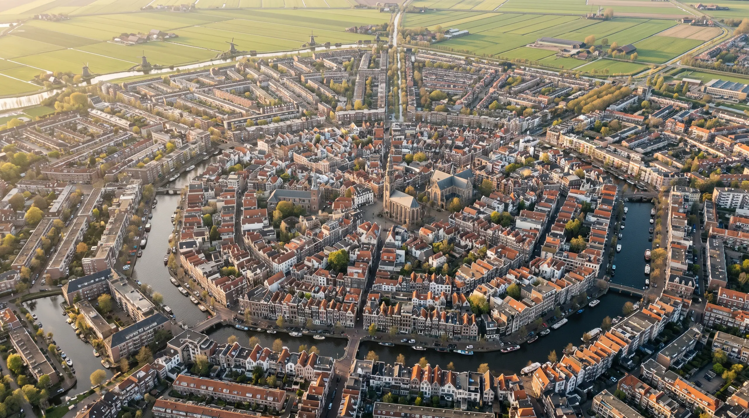 Luchtfoto van een Hollandse stad met grachten en polders